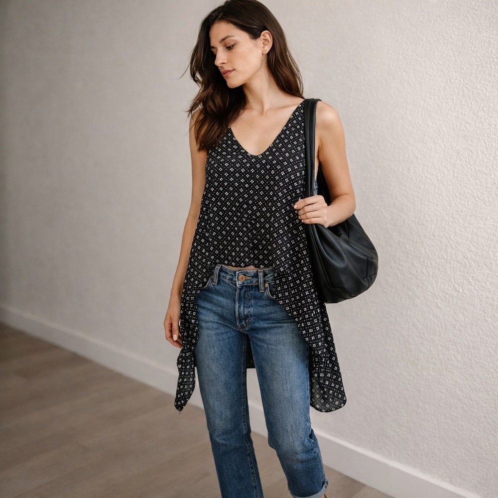 Vintage Free People Draped Hi Low Top Black White Micro Print Asymmetrical Tank